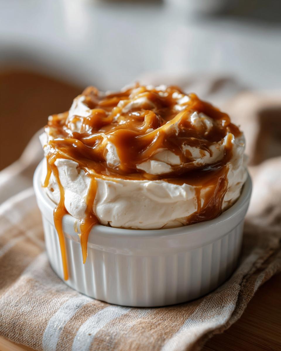 A close-up of a white ramekin filled with cream cheese caramel apple dip, generously drizzled with caramel sauce.