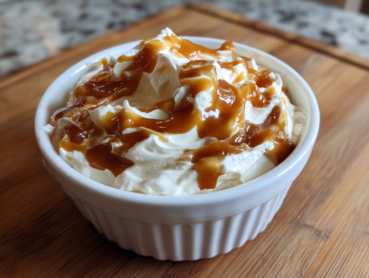 A white ramekin filled with creamy cream cheese caramel apple dip, drizzled with caramel sauce.