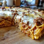 A delicious slice of creamy baked spaghetti casserole with melted cheese and meat sauce on a wooden board.