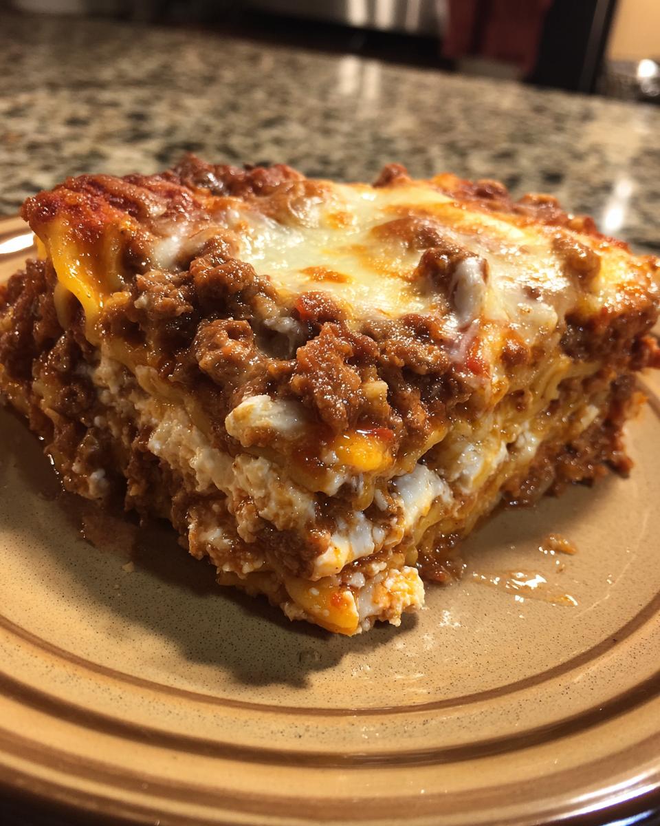 A delicious slice of creamy baked spaghetti casserole with layers of pasta, meat sauce, and melted cheese.