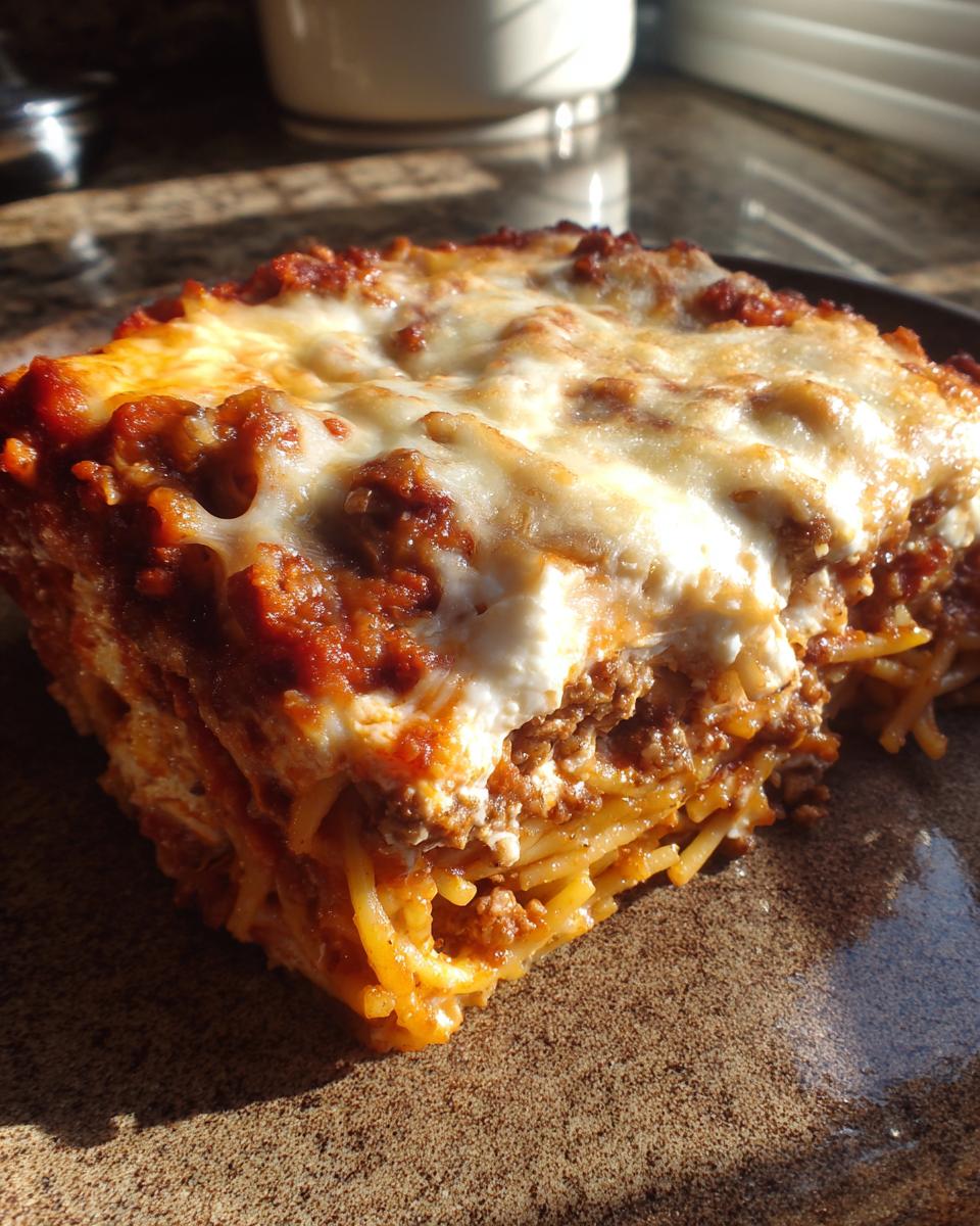 A delicious slice of creamy baked spaghetti casserole with rich meat sauce and melted cheese.