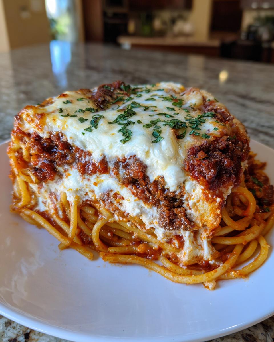 A generous slice of creamy baked spaghetti casserole with layers of pasta, meat sauce, and melted cheese, topped with parsley.