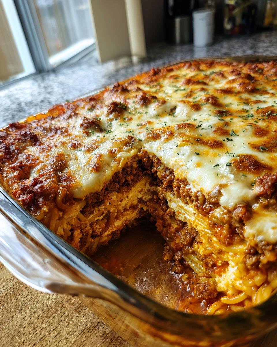 A slice taken out of a creamy baked spaghetti casserole, showing layers of pasta, meat sauce, and melted cheese.