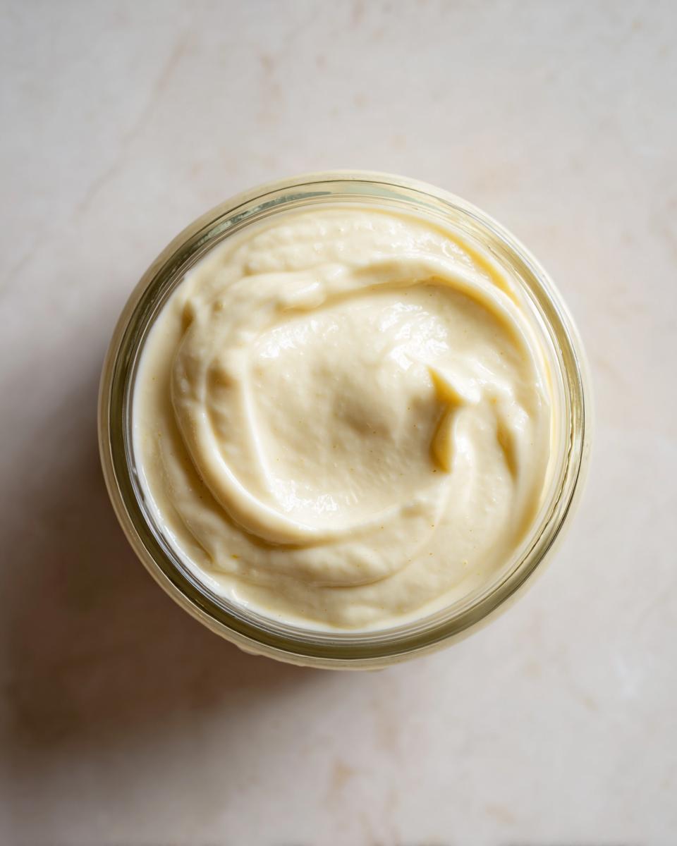 A close-up overhead view of creamy garlic aioli swirled in a glass jar.