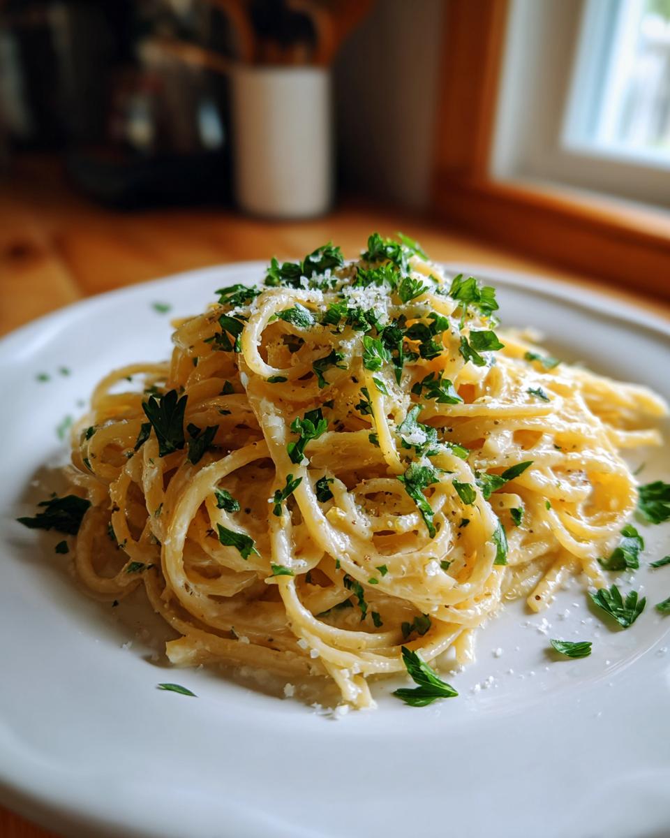 A close-up of a plate of Creamy Lemon Pasta, garnished with fresh parsley and grated cheese.