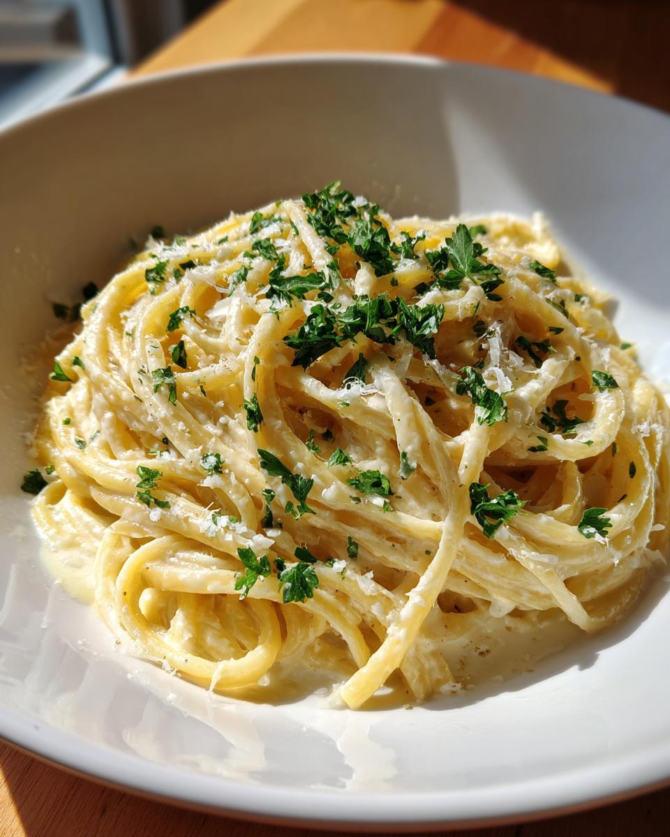 A close-up of a bowl of Creamy Lemon Pasta, garnished with fresh parsley and grated cheese.