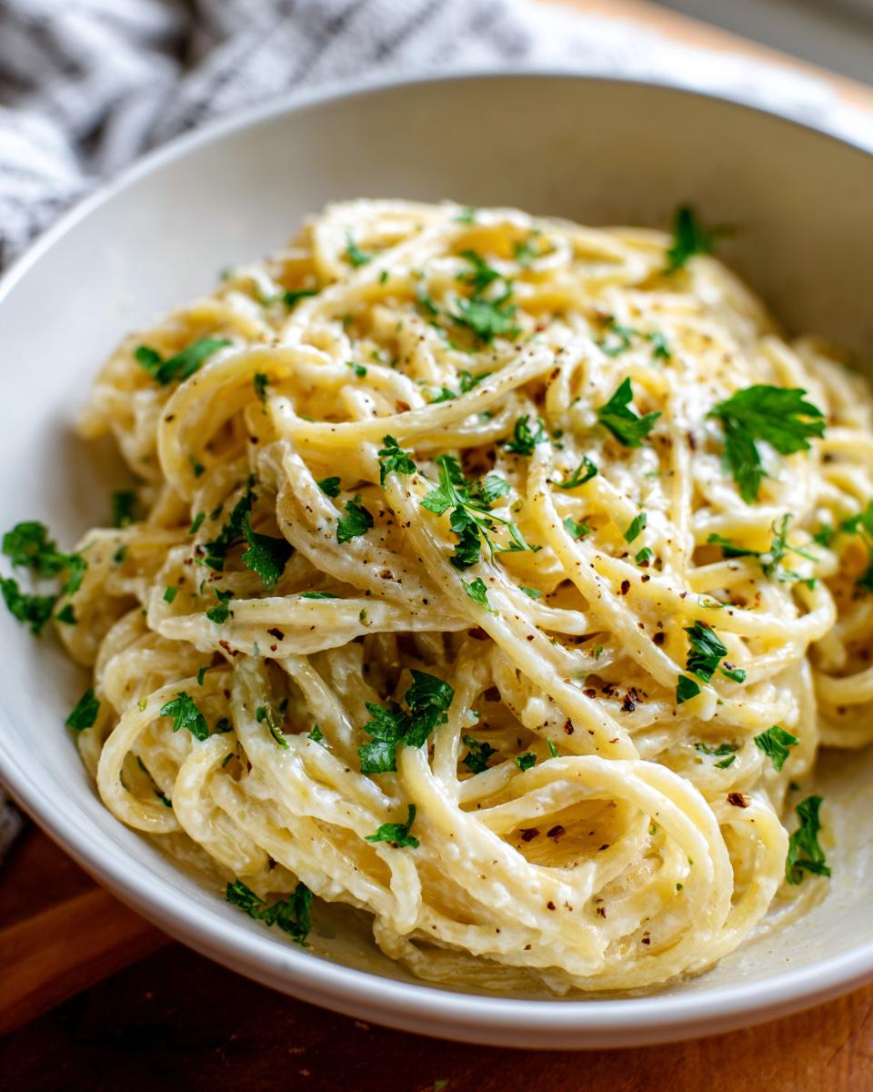 A close-up of a white bowl filled with Creamy Lemon Pasta, garnished with fresh parsley and black pepper.