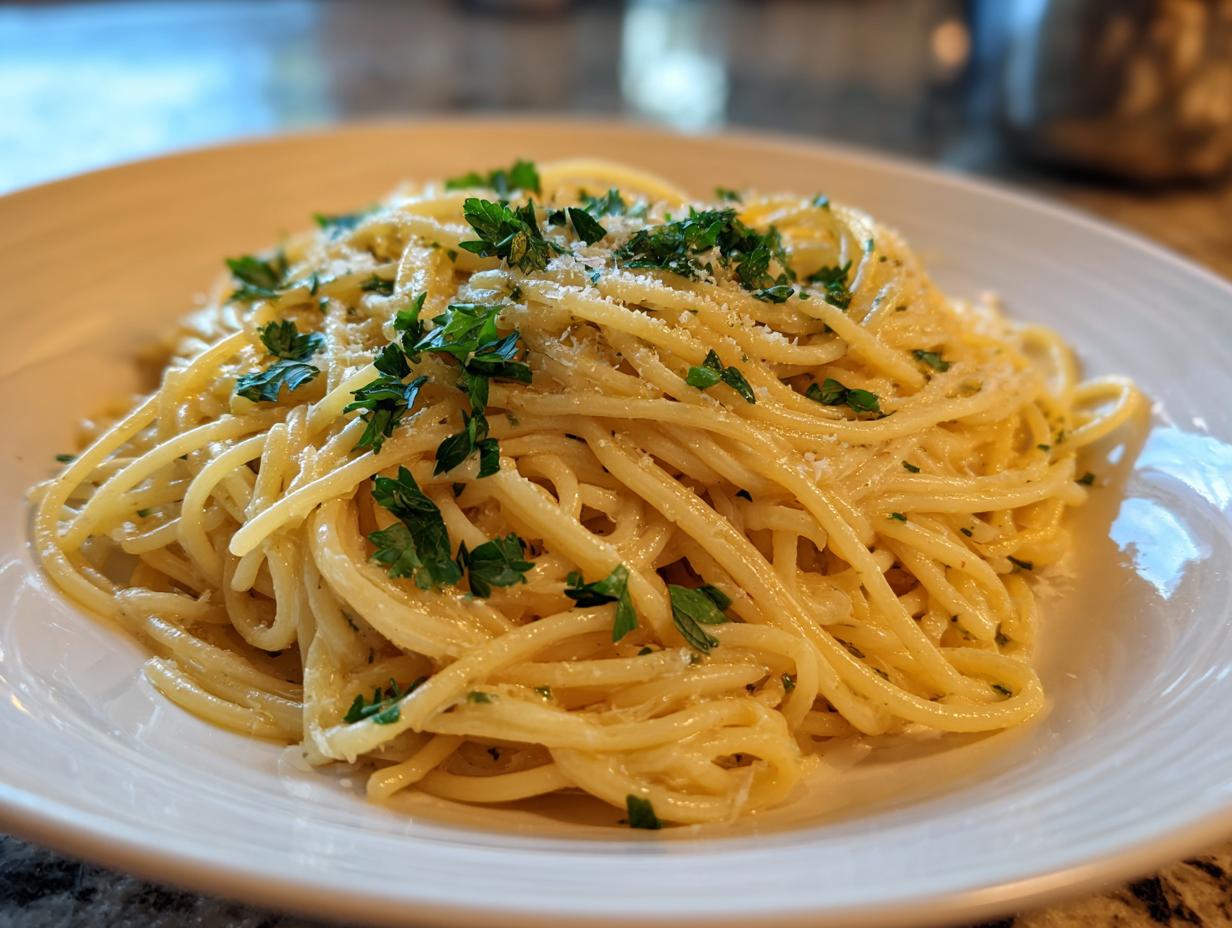A close-up of a plate of Creamy Lemon Pasta, garnished with fresh parsley and grated Parmesan cheese.