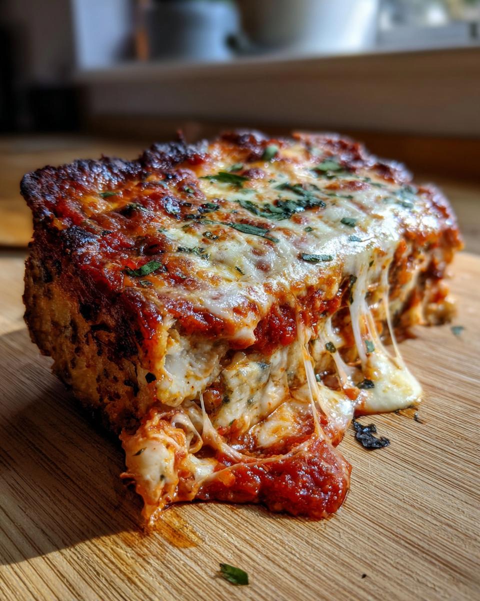 A close-up of a slice of crispy Eggplant Parmesan, with melted cheese oozing out.