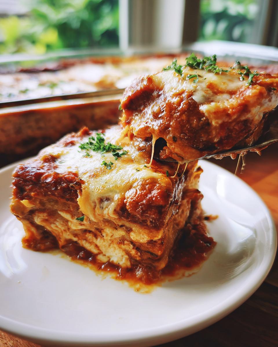 A serving of crispy Eggplant Parmesan on a white plate, with melted cheese and marinara sauce, garnished with parsley.