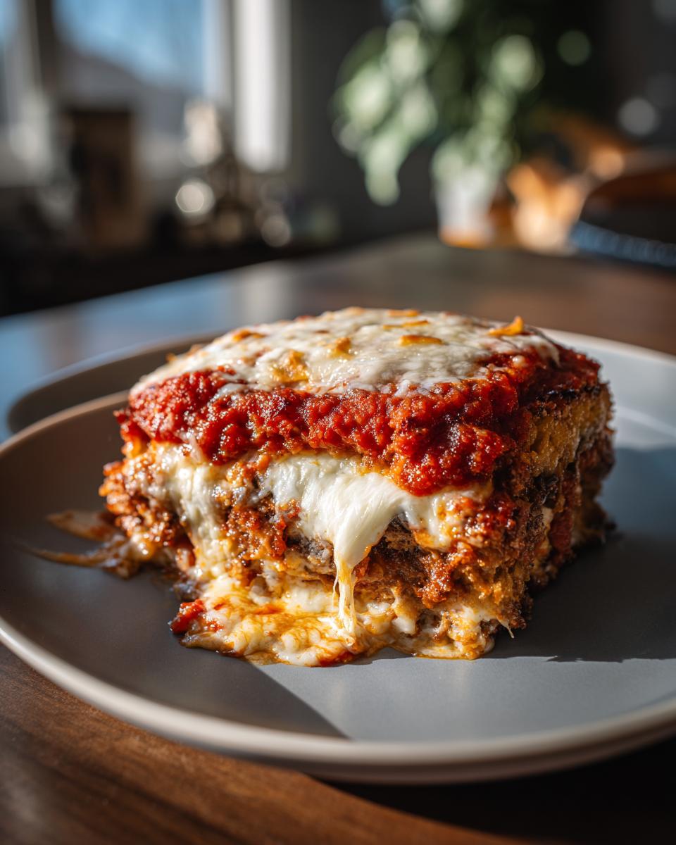 A mouthwatering slice of crispy Eggplant Parmesan, featuring layers of eggplant, marinara sauce, and gooey melted mozzarella cheese.