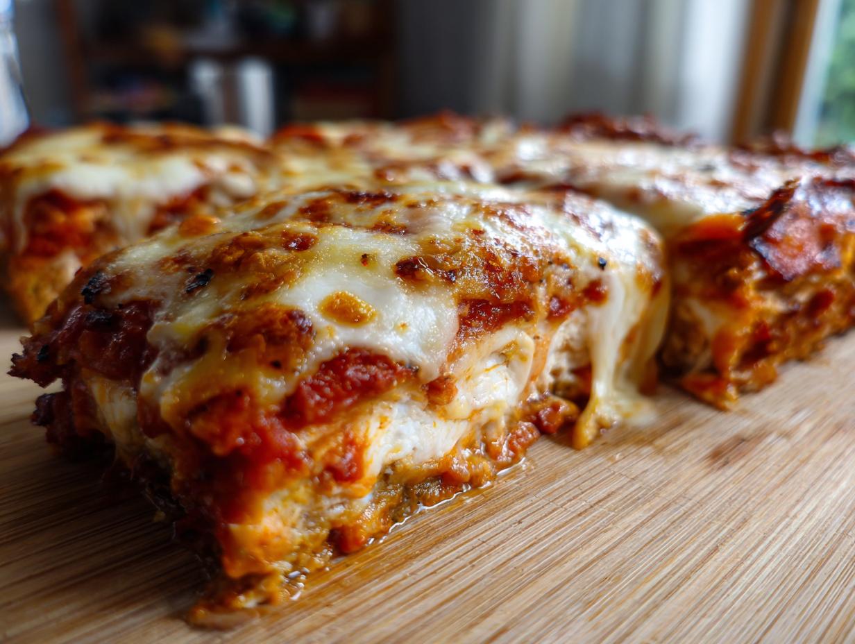 A close-up of a crispy slice of baked Eggplant Parmesan with melted cheese and rich tomato sauce.