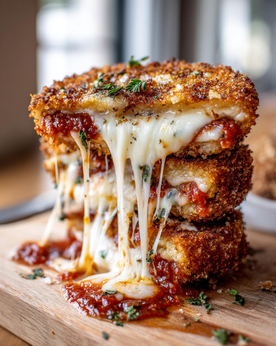 A stack of three crispy, breaded eggplant parmesan layers oozing with melted mozzarella cheese and marinara sauce.
