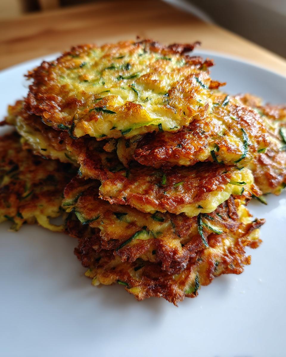 A close-up shot of a stack of golden-brown, crispy zucchini fritters on a white plate.