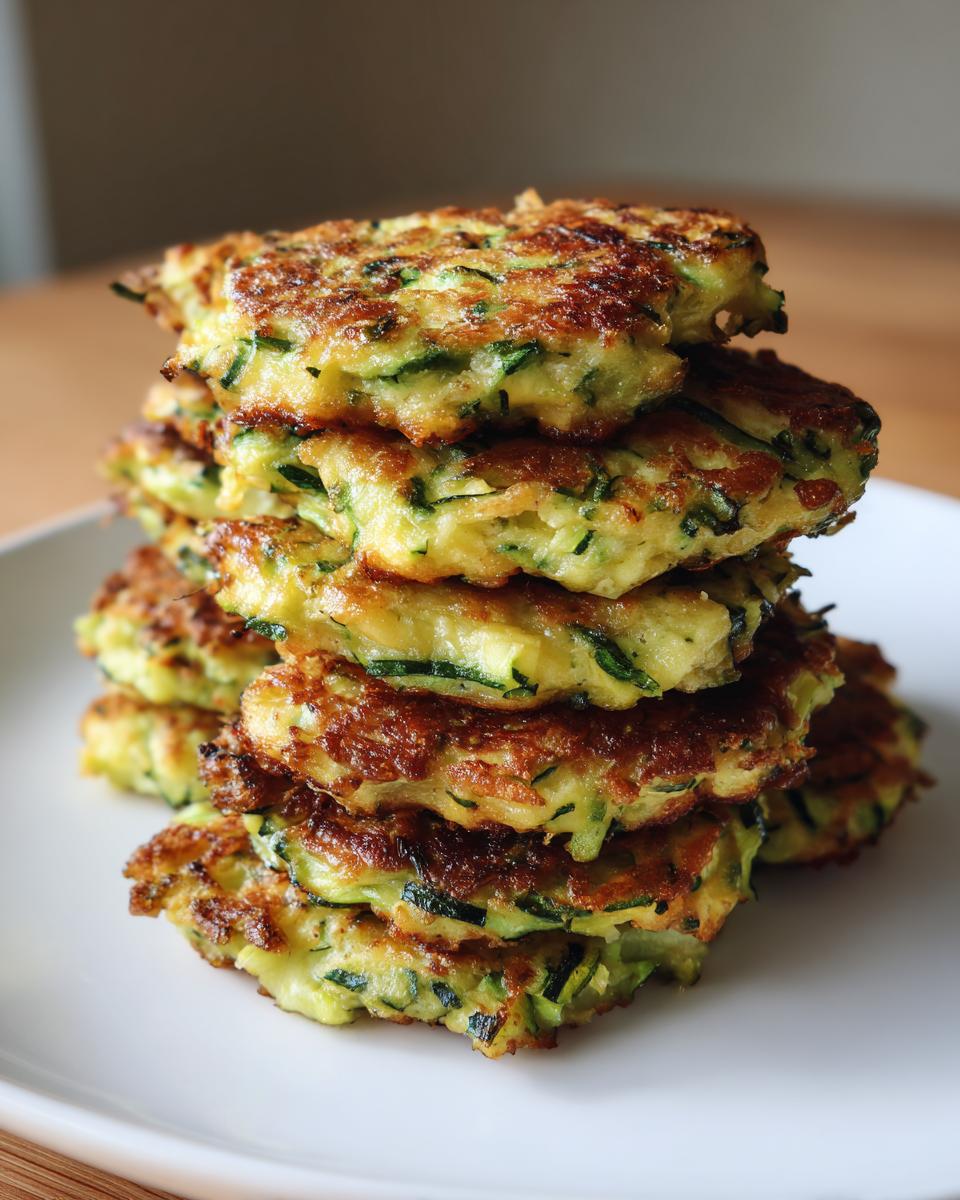 A tall stack of golden-brown, crispy zucchini fritters on a white plate, showcasing their texture and green zucchini shreds.