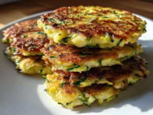 A stack of golden-brown, crispy zucchini fritters on a white plate, showcasing shredded zucchini and a light batter.