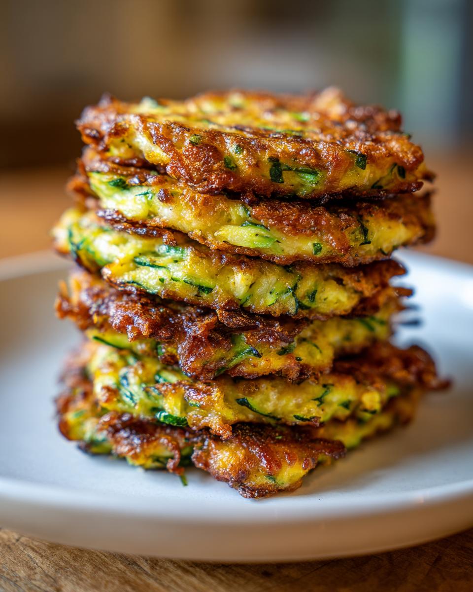A tall stack of golden-brown, crispy zucchini fritters with visible green zucchini shreds and herbs.