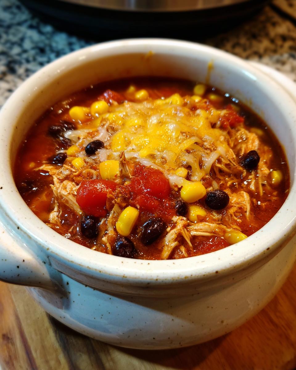 A bowl of Crockpot Chicken Enchilada Soup topped with melted cheese, corn, and black beans.