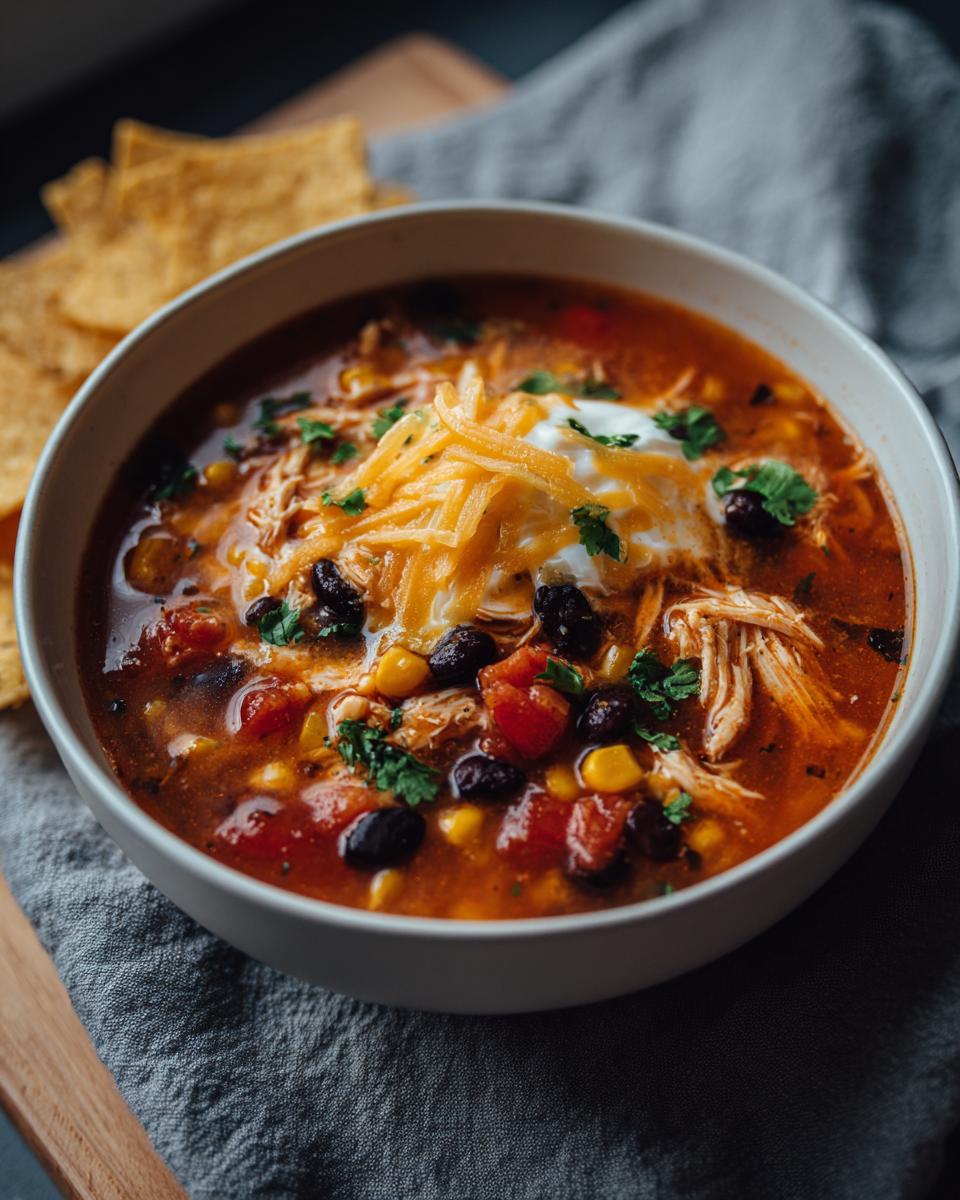 A hearty bowl of Crockpot Chicken Enchilada Soup topped with shredded cheese, sour cream, and cilantro, served with tortilla chips.