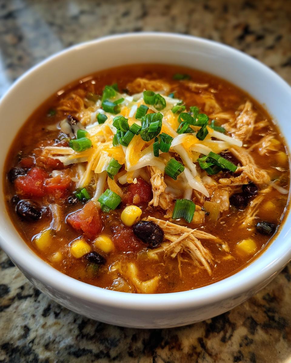 A close-up of a white bowl filled with Crockpot Chicken Enchilada Soup, topped with shredded cheese and green onions.