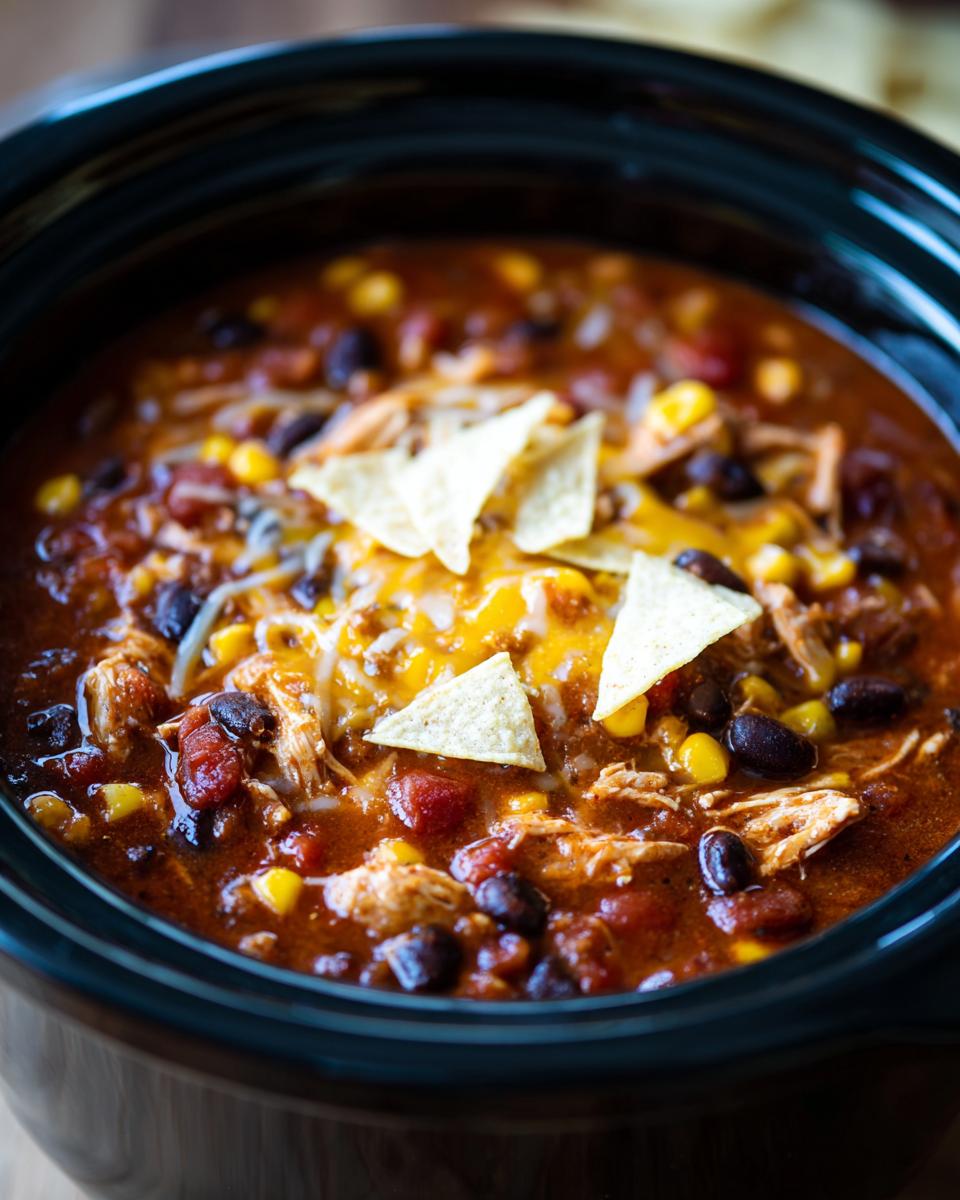 Close-up of Crockpot Chicken Enchilada Soup with shredded chicken, black beans, corn, and tortilla chips.