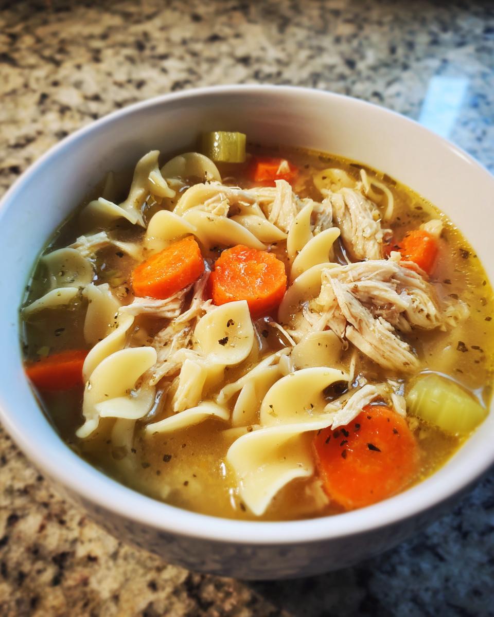 A comforting bowl of crockpot chicken noodle soup with wide egg noodles, shredded chicken, carrots, and celery.