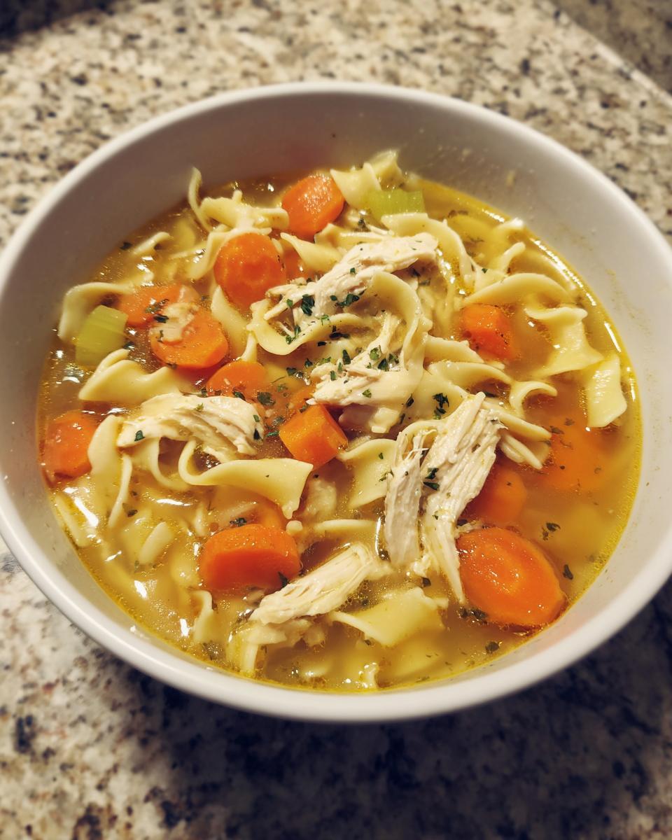 A close-up view of a steaming bowl of crockpot chicken noodle soup, filled with noodles, shredded chicken, and carrots.