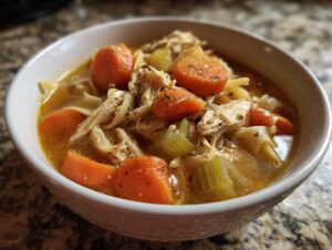 Close-up of a white bowl filled with delicious crockpot chicken noodle soup, featuring shredded chicken, wide noodles, carrots, and celery.