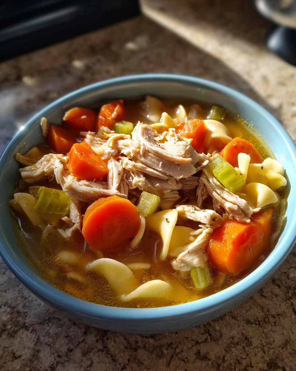 A close-up of a blue bowl filled with delicious crockpot chicken noodle soup, featuring shredded chicken, carrots, celery, and noodles.