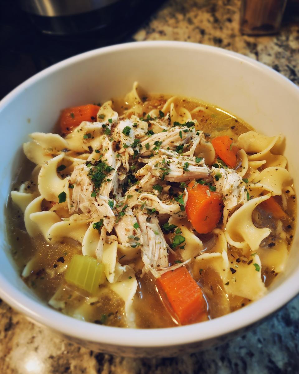 A close-up of a steaming bowl of crockpot chicken noodle soup, filled with egg noodles, shredded chicken, carrots, and celery.