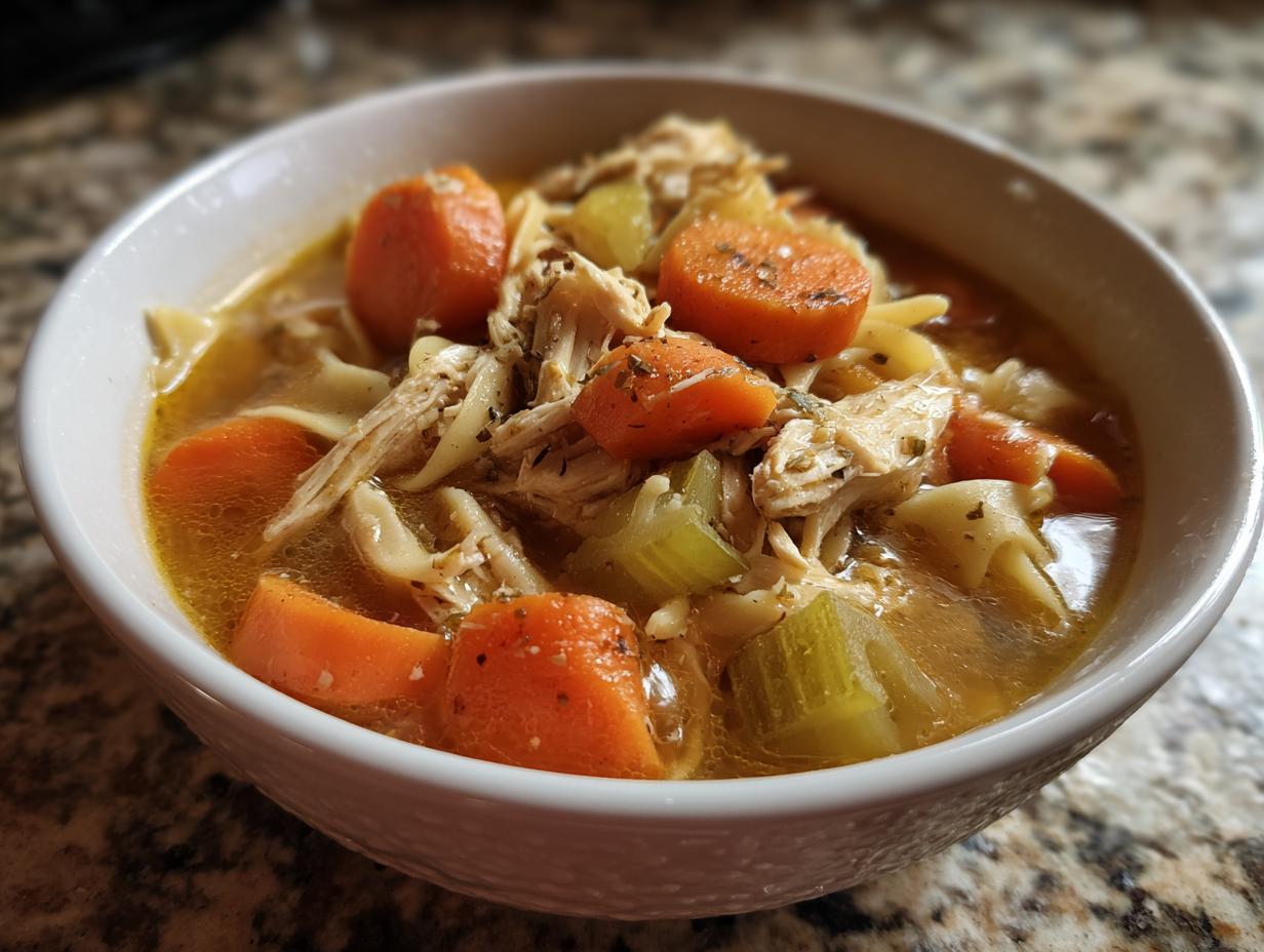 Close-up of a white bowl filled with delicious crockpot chicken noodle soup, featuring shredded chicken, wide noodles, carrots, and celery.