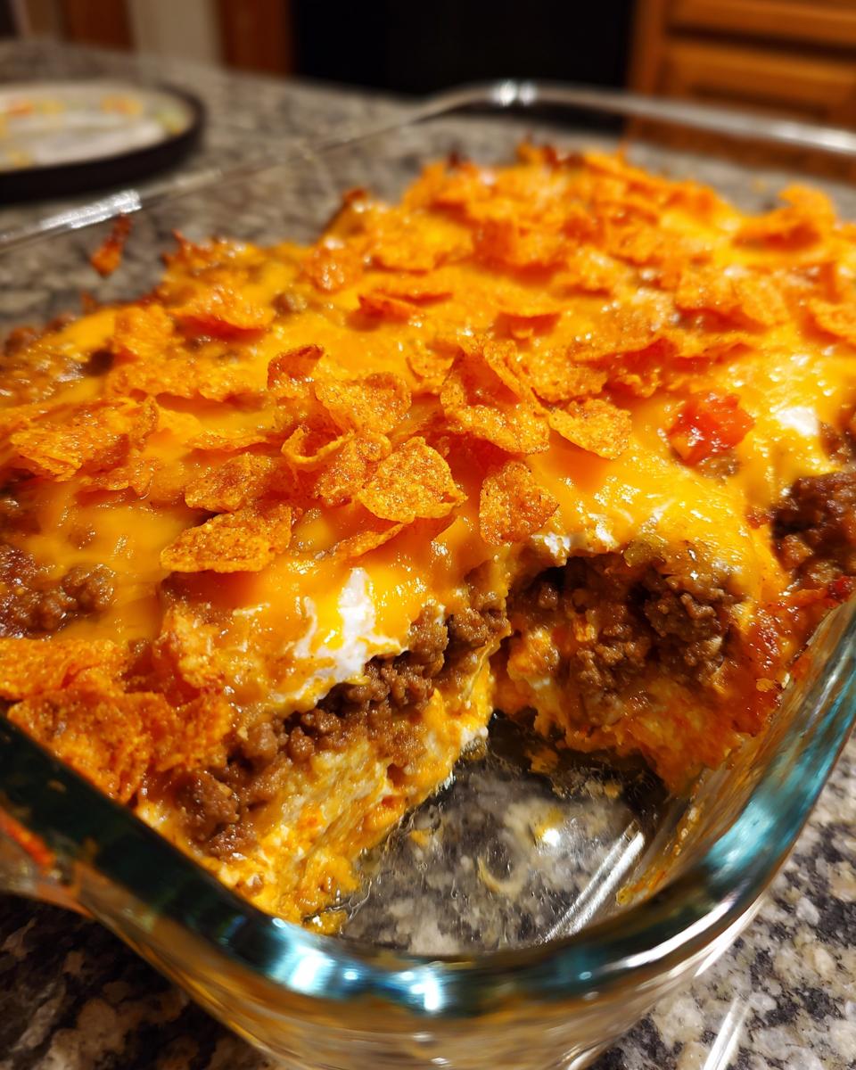 A close-up of a freshly baked Dorito Casserole in a glass dish, topped with melted cheese and crushed Doritos.