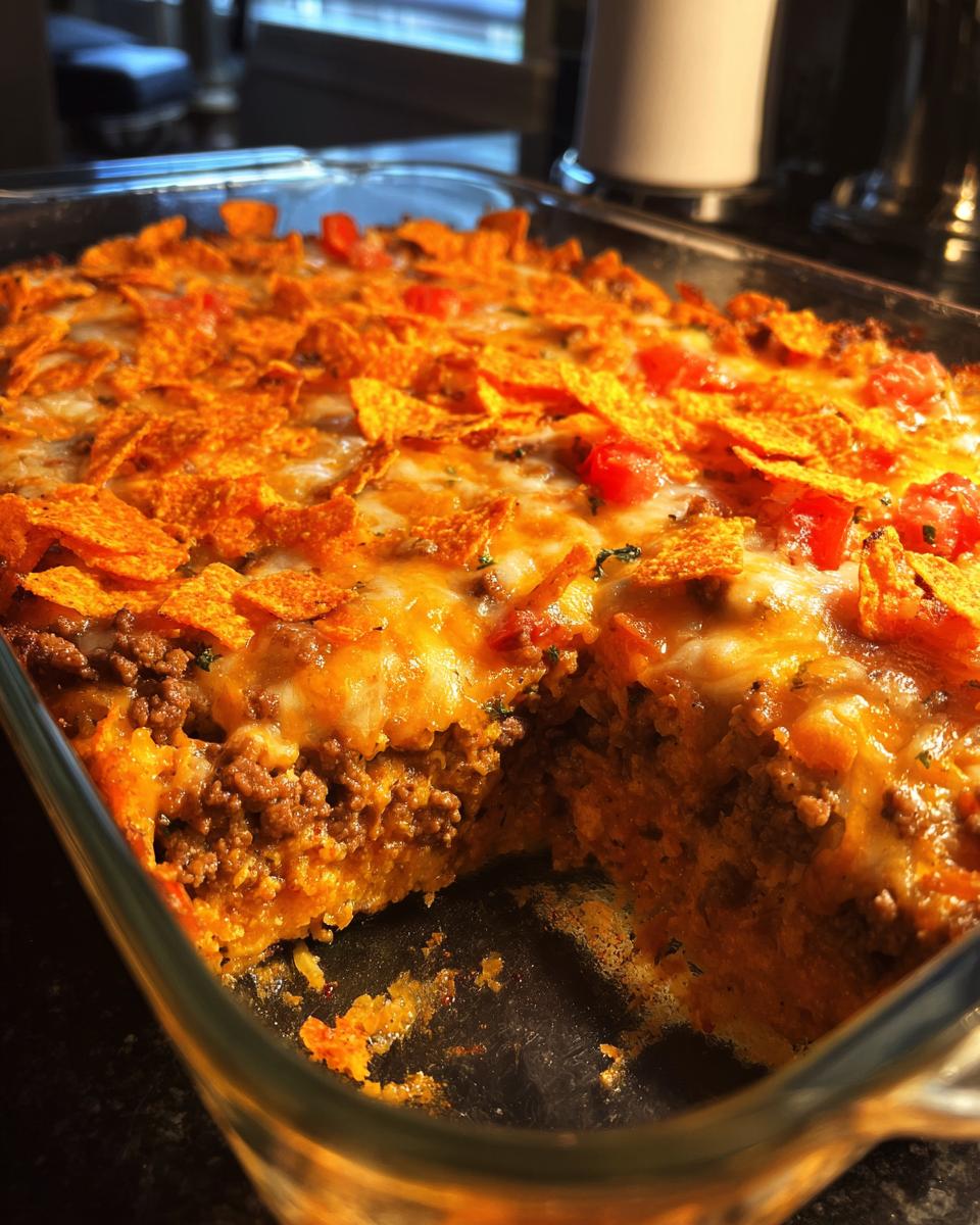A close-up of a baked Dorito Casserole in a glass dish, showing layers of seasoned ground beef, melted cheese, and crushed Doritos.