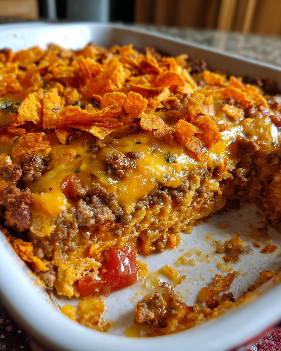 A close-up of a freshly baked Dorito Casserole in a white baking dish, topped with melted cheese and crushed Doritos.