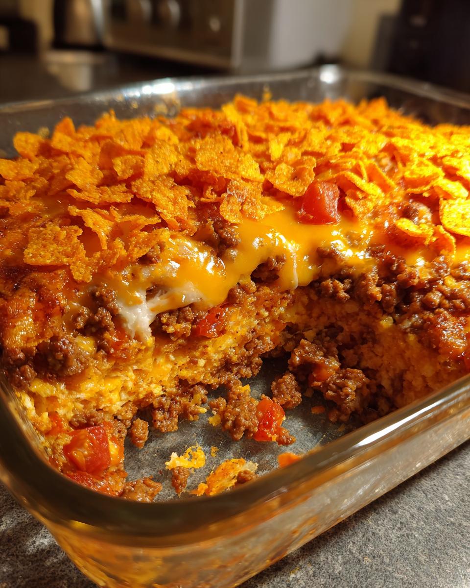 A close-up of a freshly baked Dorito Casserole in a glass dish, topped with crushed Doritos and melted cheese.