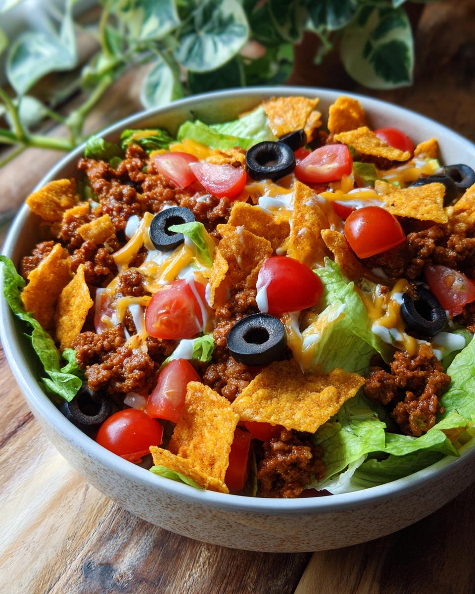 A close-up of a vibrant Dorito Taco Salad in a bowl, featuring seasoned ground beef, lettuce, tomatoes, olives, cheese, and crushed Doritos.