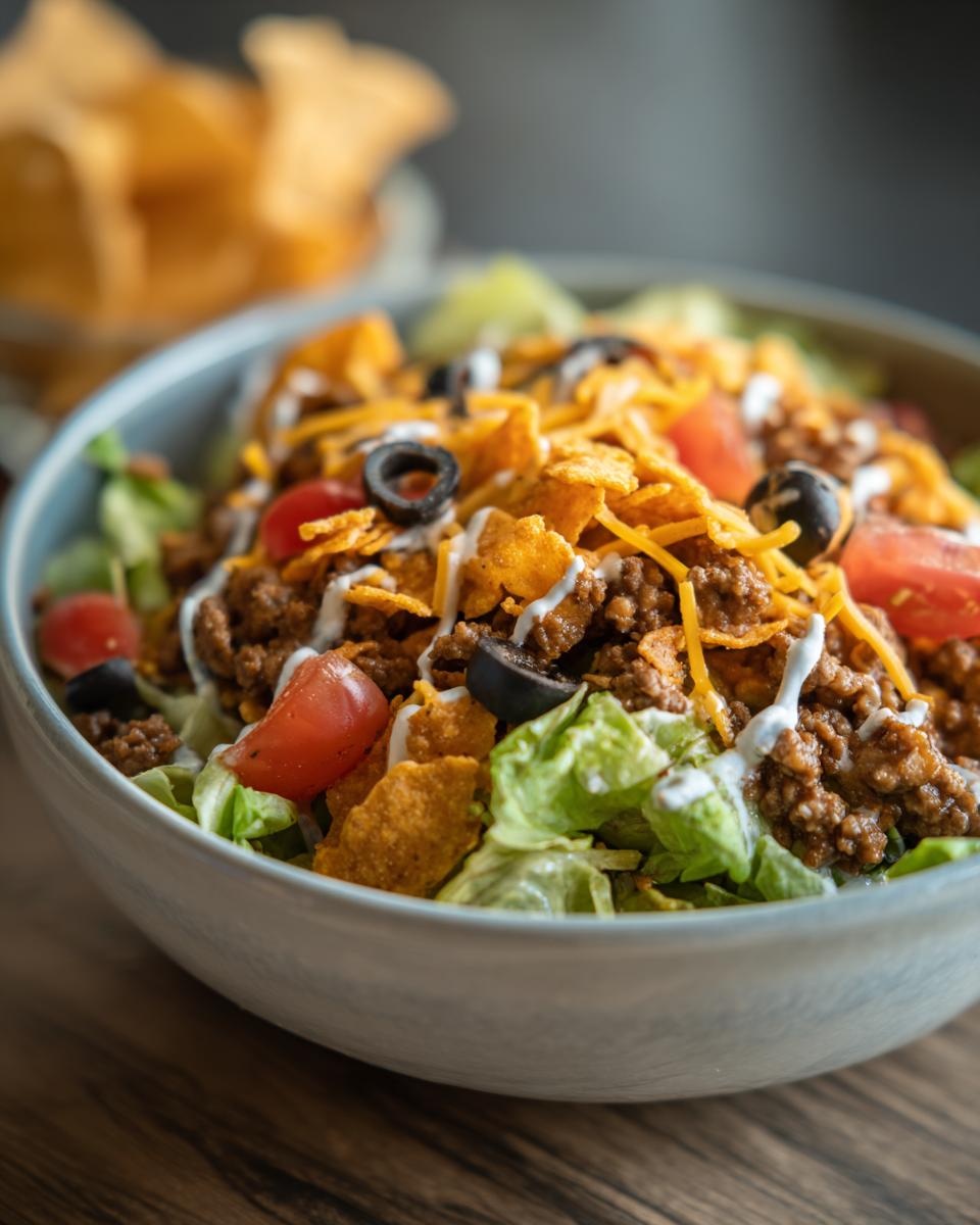 A bowl of Dorito Taco Salad featuring seasoned ground beef, shredded lettuce, tomatoes, olives, cheese, and crushed Doritos.