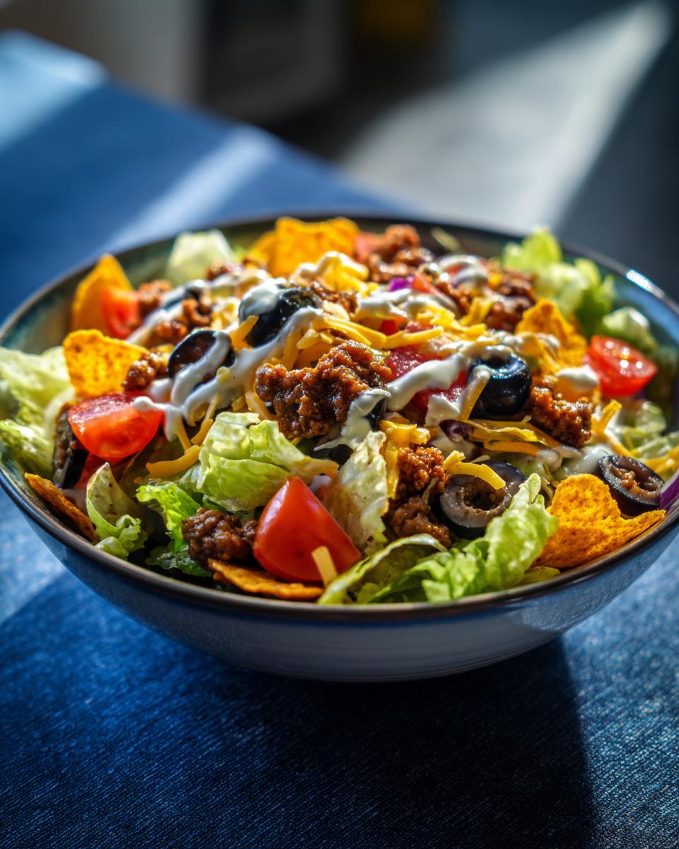 A colorful bowl of Dorito Taco Salad featuring lettuce, ground beef, cheese, tomatoes, olives, and crushed Doritos.