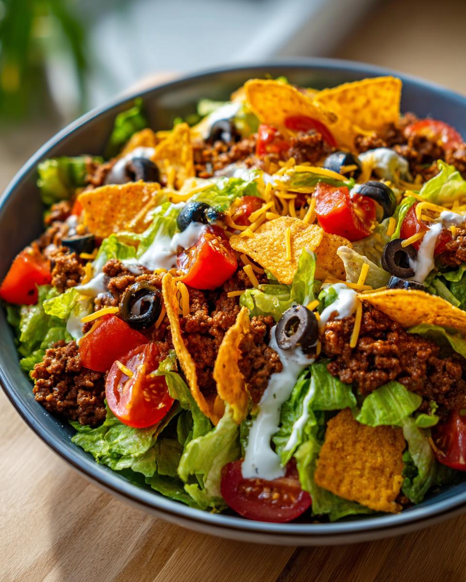 A close-up of a hearty Dorito Taco Salad featuring seasoned ground beef, crisp lettuce, tomatoes, olives, cheese, and crushed Doritos.