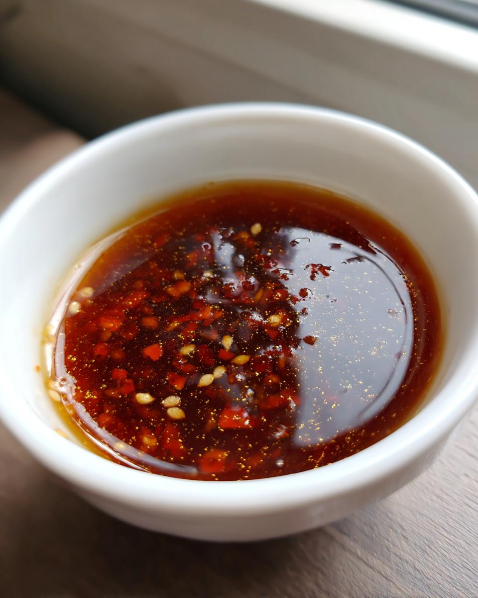 Close-up of a white bowl filled with a rich, dark, and spicy dumpling sauce with visible chili flakes and sesame seeds.