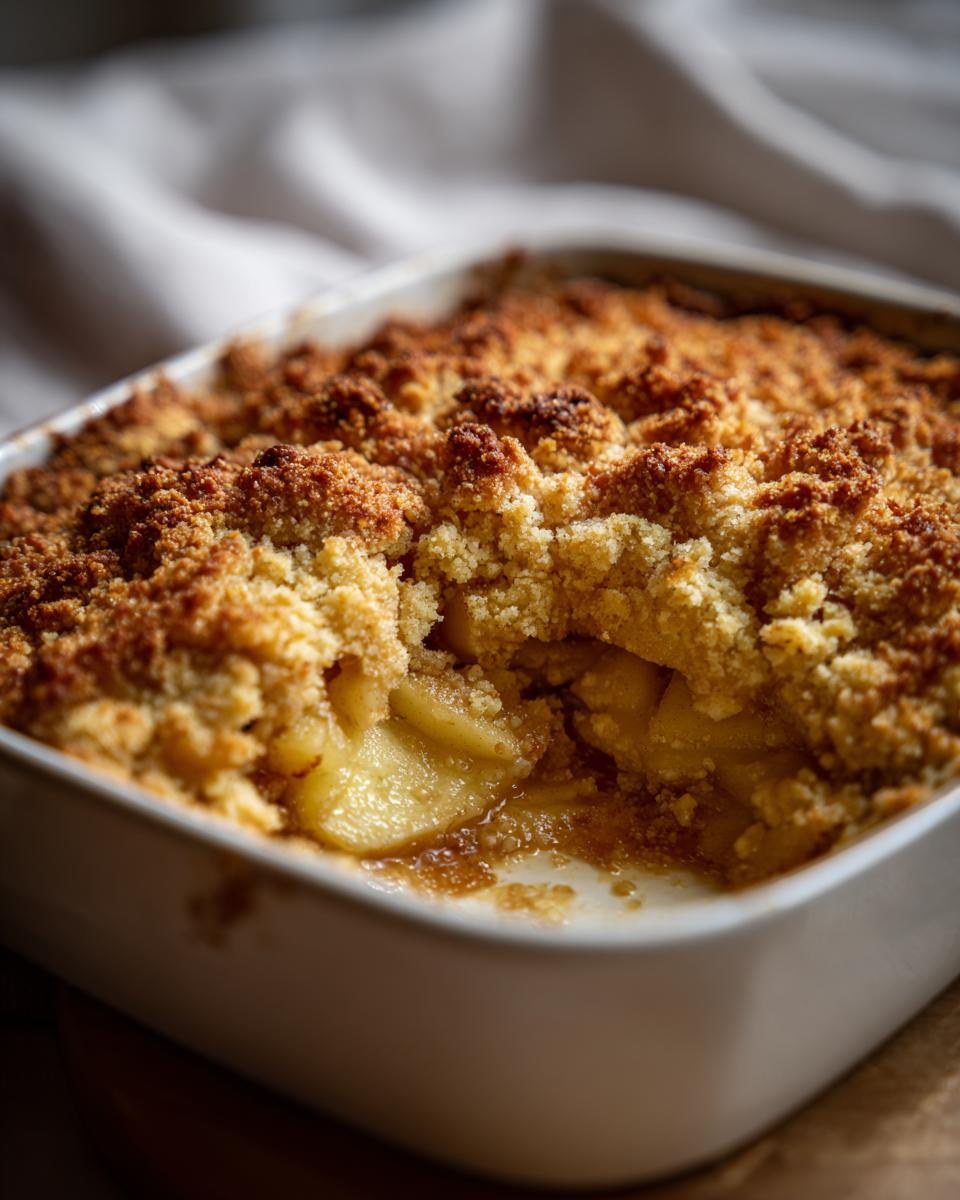 Close-up of a golden-brown apple crumble in a white baking dish, showing tender baked apples beneath a crumbly topping.
