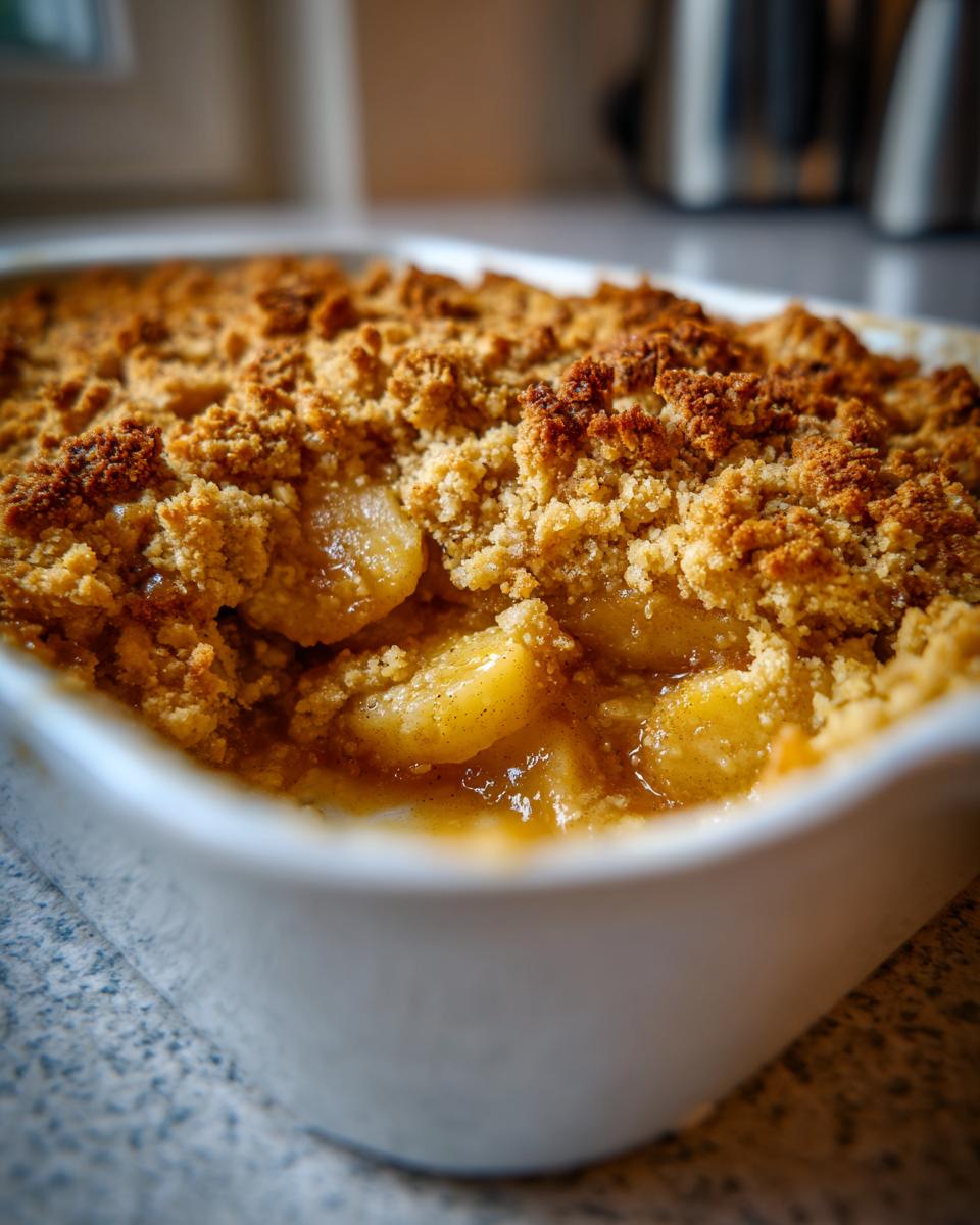 Close-up of a freshly baked apple crumble in a white dish, showing tender apples and a golden-brown crumb topping.