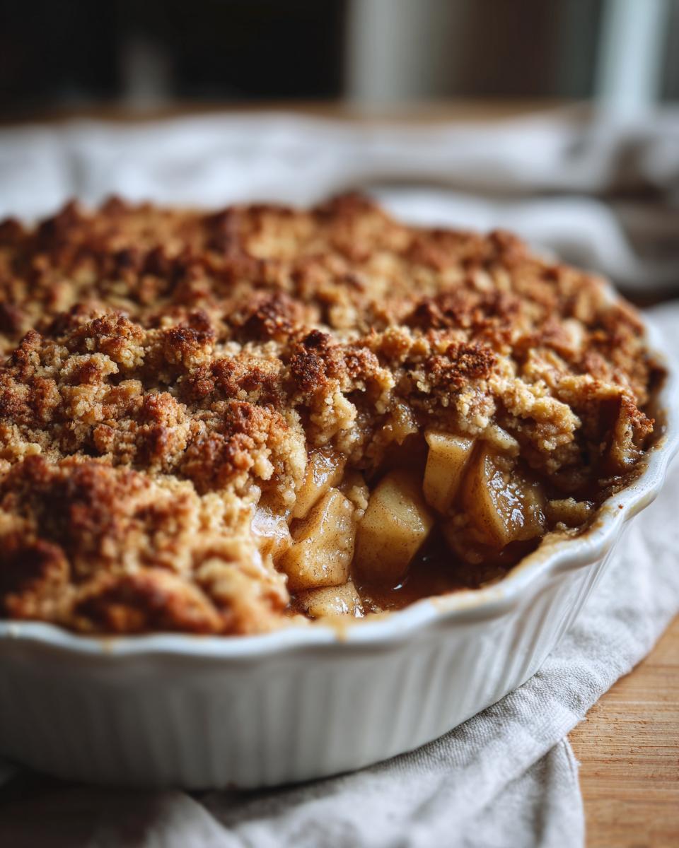 Close-up of a freshly baked apple crumble in a white baking dish, showing tender apple pieces under a golden-brown, crumbly topping.