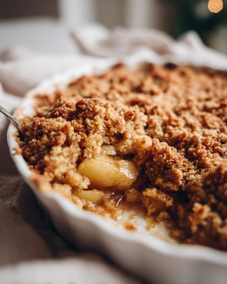 Close-up of a fork scooping into a warm, golden apple crumble, revealing tender baked apples underneath.