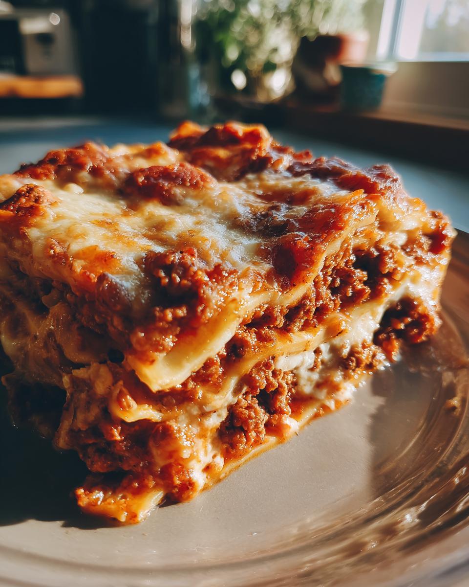 A close-up of a hearty slice of easy lasagna with ricotta, showing layers of pasta, meat sauce, and melted cheese.