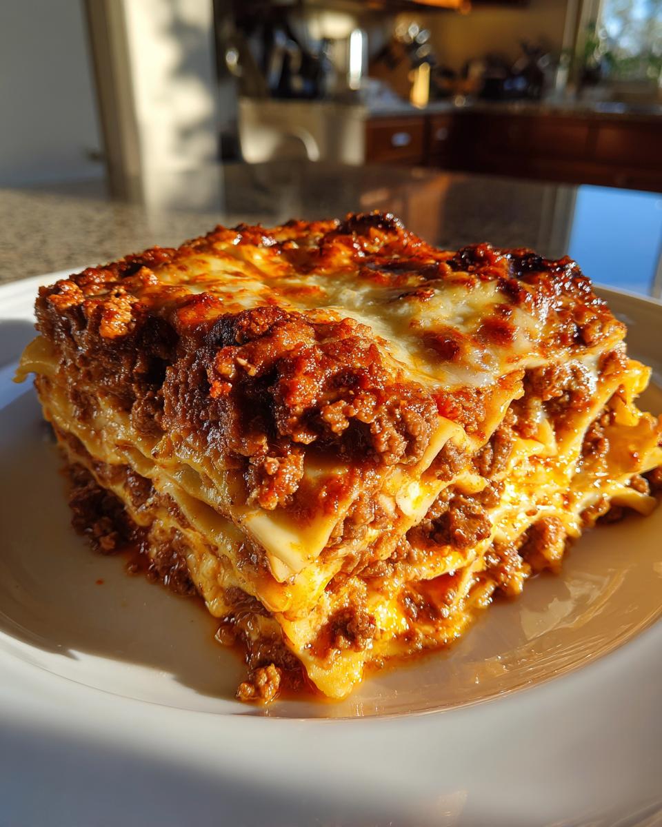 A delicious slice of easy lasagna with ricotta, featuring layers of pasta, meat sauce, and melted cheese.