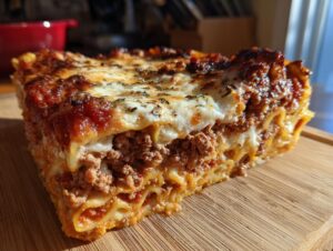 A delicious slice of easy lasagna with ricotta, showing layers of pasta, meat sauce, and cheese.