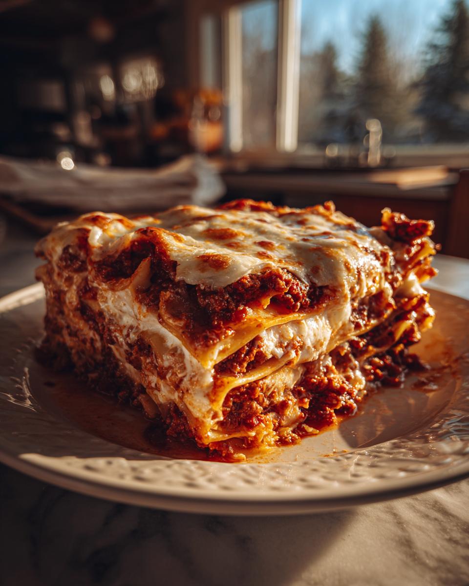 A generous slice of easy lasagna with ricotta, layered with pasta, meat sauce, and melted cheese.