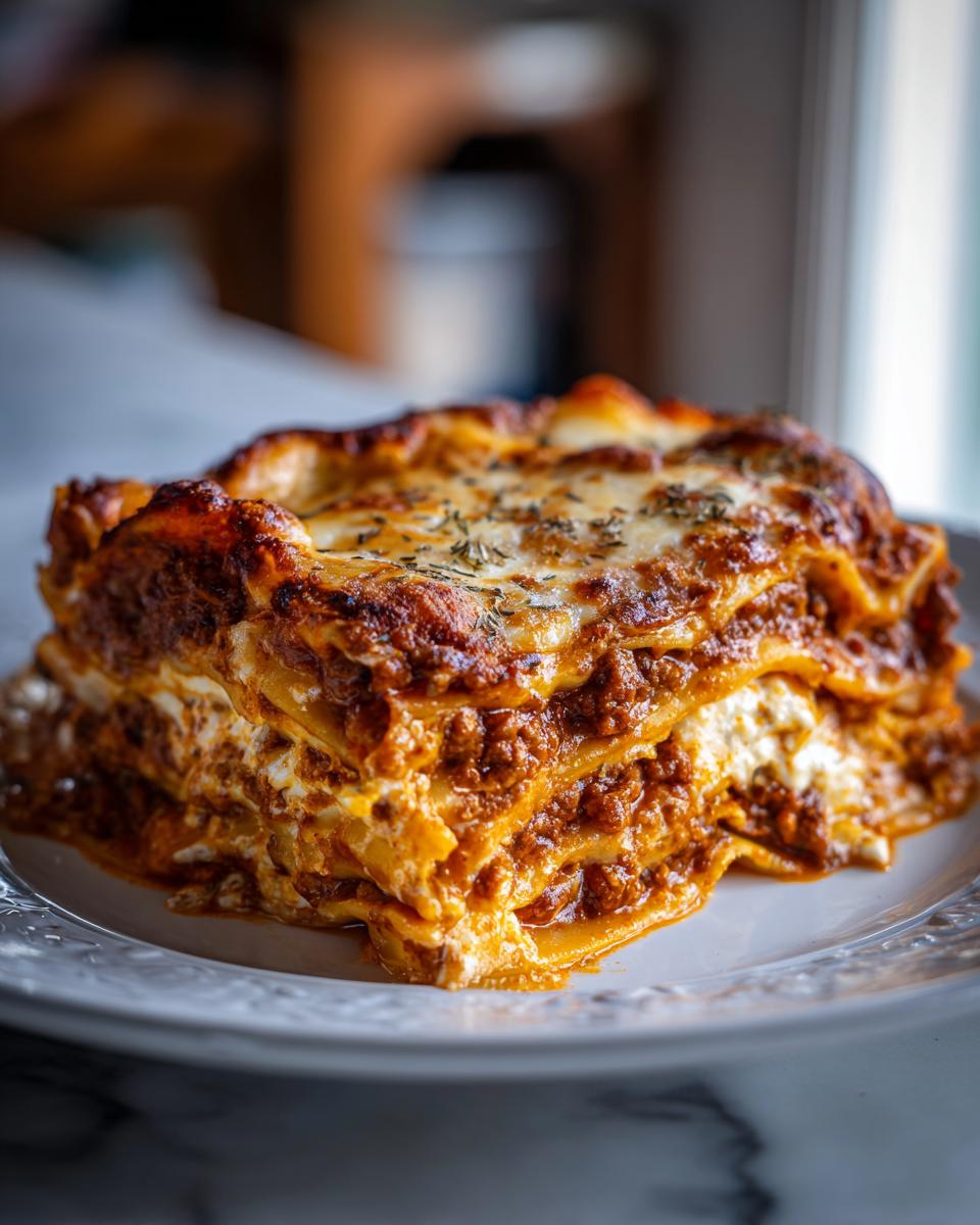 A close-up of a hearty slice of easy lasagna with ricotta, featuring layers of pasta, meat sauce, and creamy ricotta cheese.