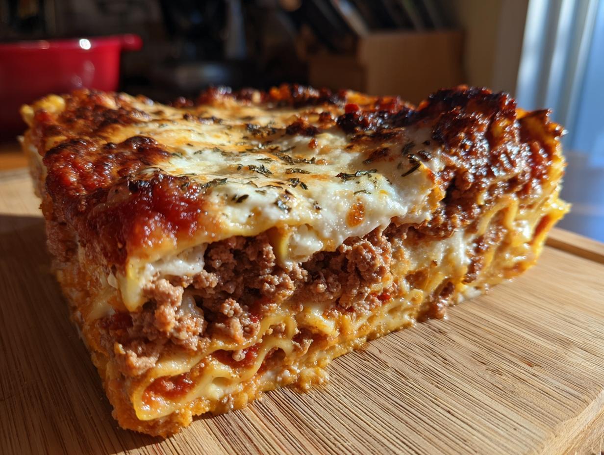 A delicious slice of easy lasagna with ricotta, showing layers of pasta, meat sauce, and cheese.